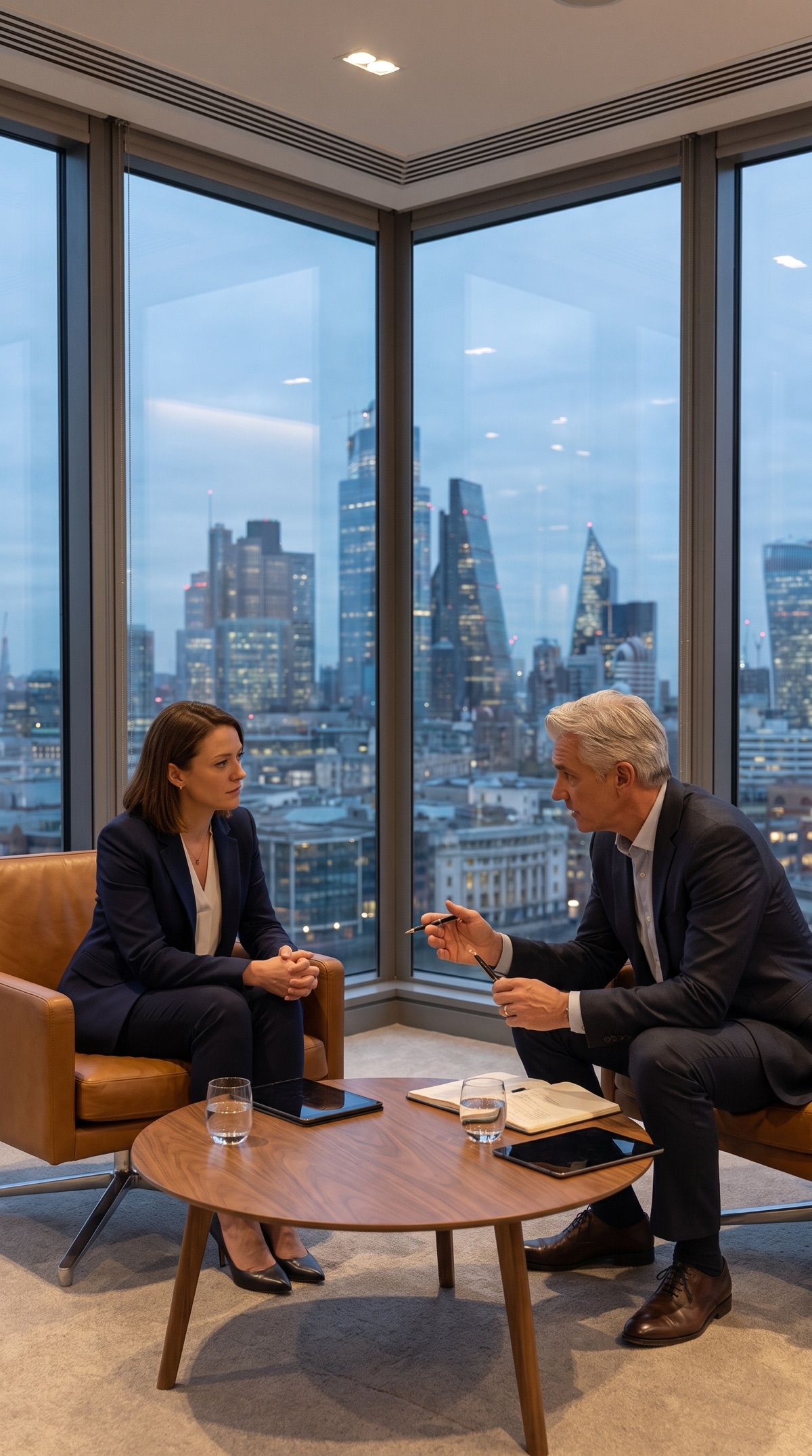 An executive coach in a one-on-one coaching session with a client, in a high-rise office overlooking a city skyline at dusk